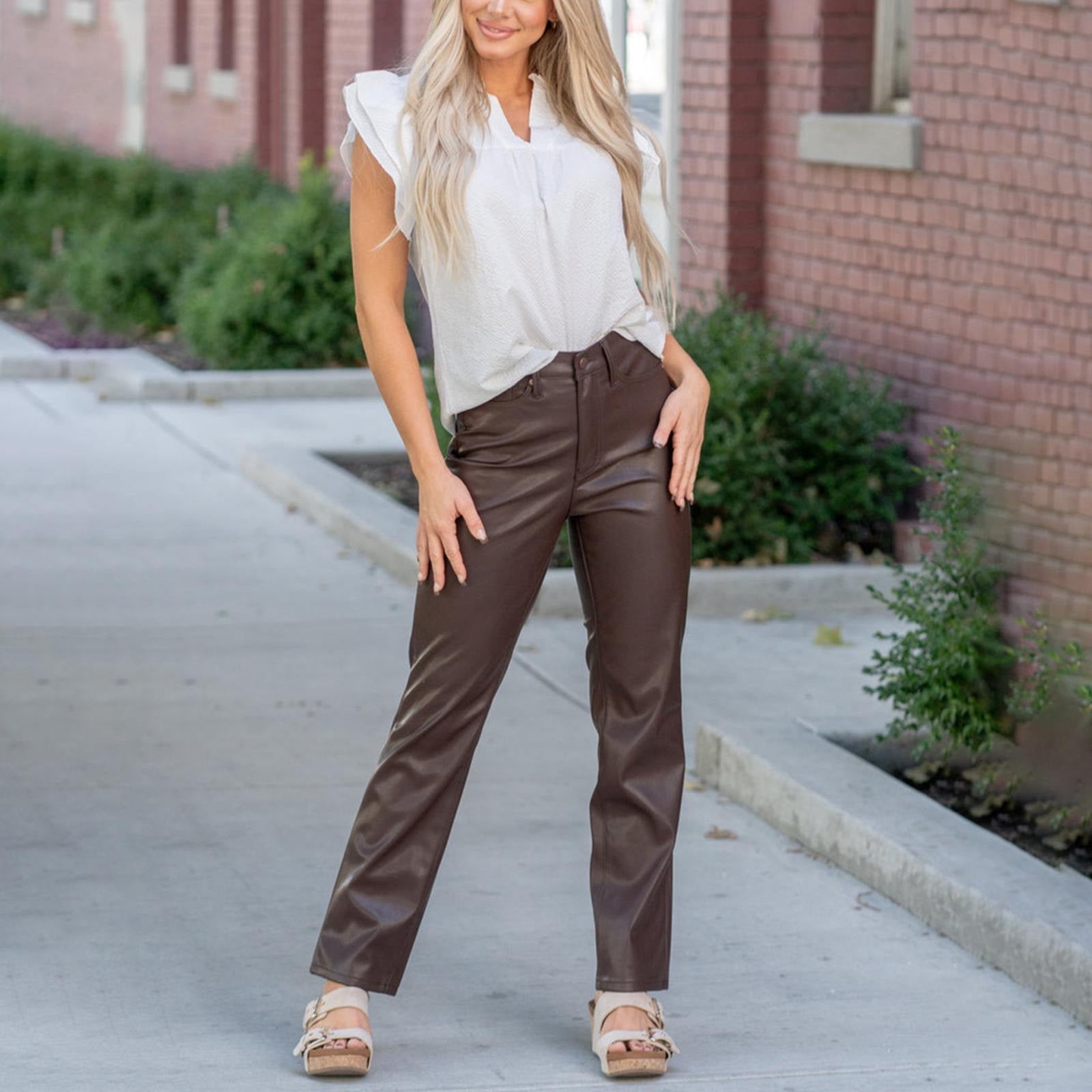 Clearance!FUNUONY Leather Pants for Women Faux Leather High Straight Pants Leg Vegan Leather Business Pant Trousers Work Pants Women Sweatpants Women Brown M