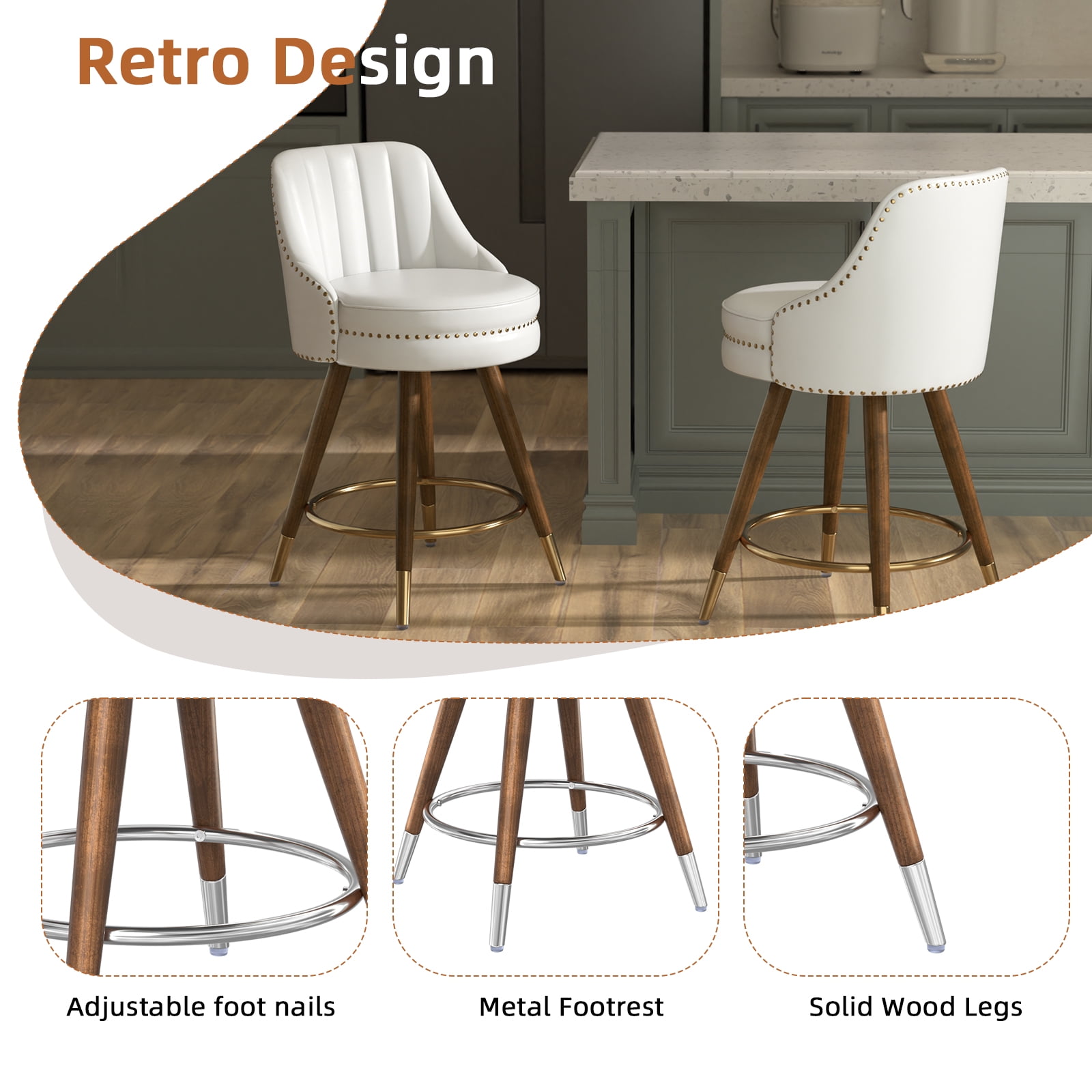 Genpo 24" Counter Height Bar stools Set of 2, White Leather Bar Stools with Backs, Swivel Counter Stools with Wooden Legs For Kitchen Island