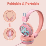 NewBee Kids Headphones with Microphone, HD Stereo, Safe Volume Limit 85dB/94dB, Eco-Friendly, Foldable, Adjustable Headband, 3.5mm Jack for Girls/PC/Mac/Tablet (Pink)
