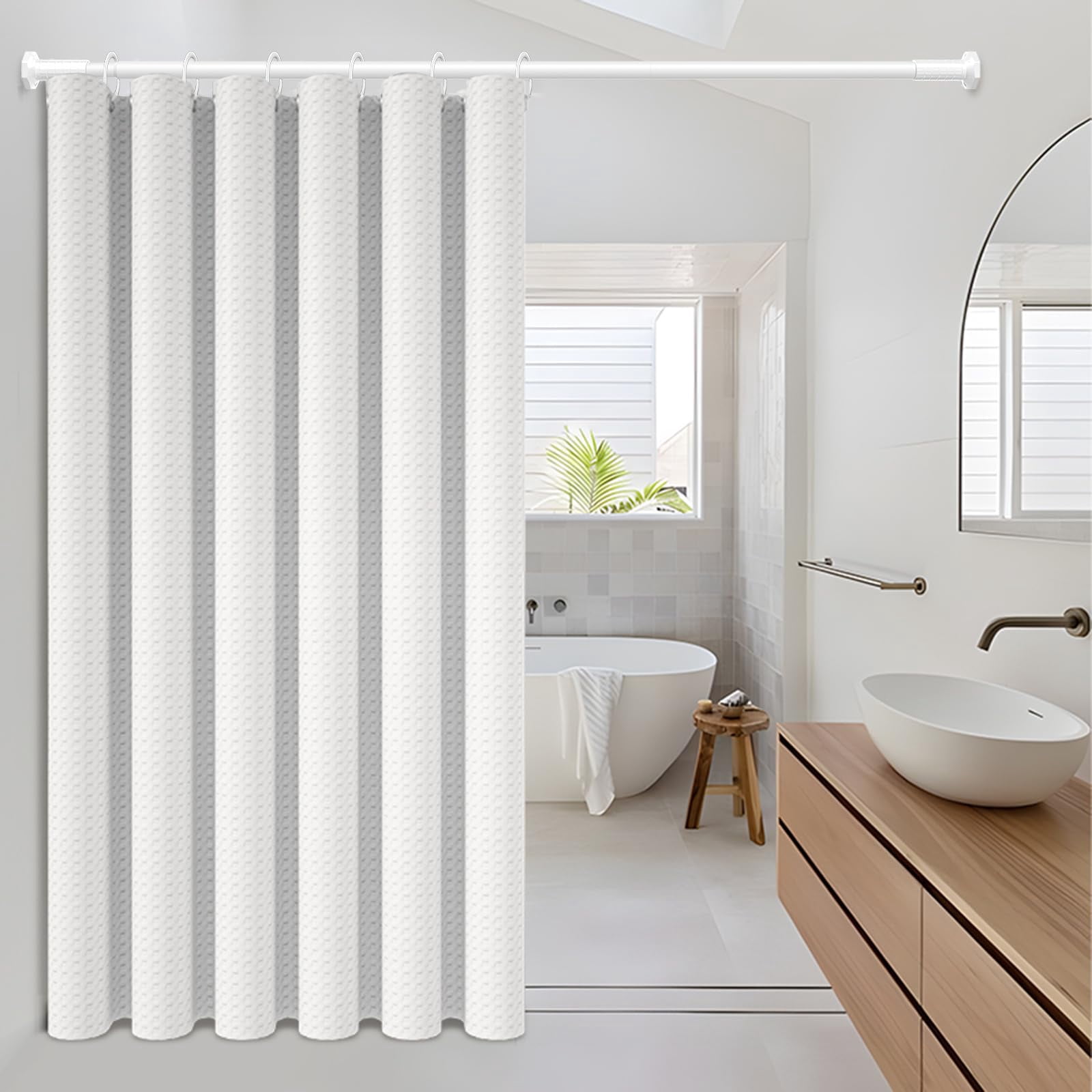 VEGCOO 45-168" Adjustable Tension Curtain Rod, 2-in-1 Drill-Free or Screw-Fixed Heavy Duty Matte White Shower Rod for Bathroom Windows Patio