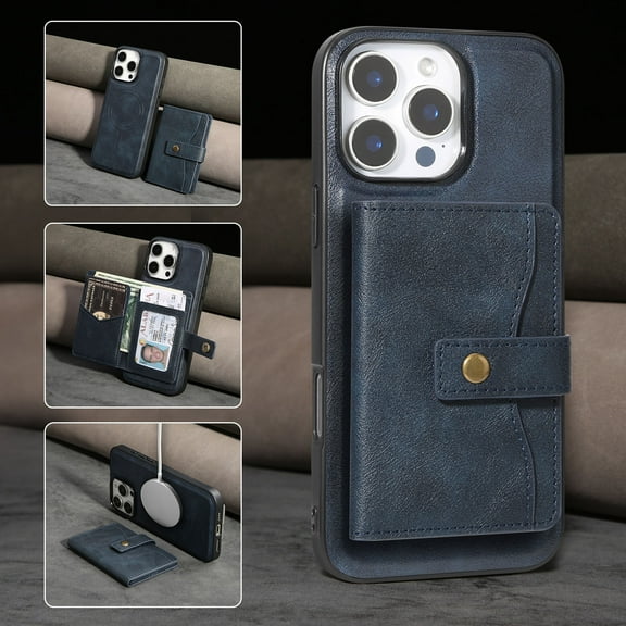 Detachable Magnetic Phone Cases Compatible with iPhone 16 Pro Max, Case with Card Holder, Compatible with Magsafe, Classic PU Leather Kickstand Wallet Phone Cover for iPhone 16 Pro Max, Blue