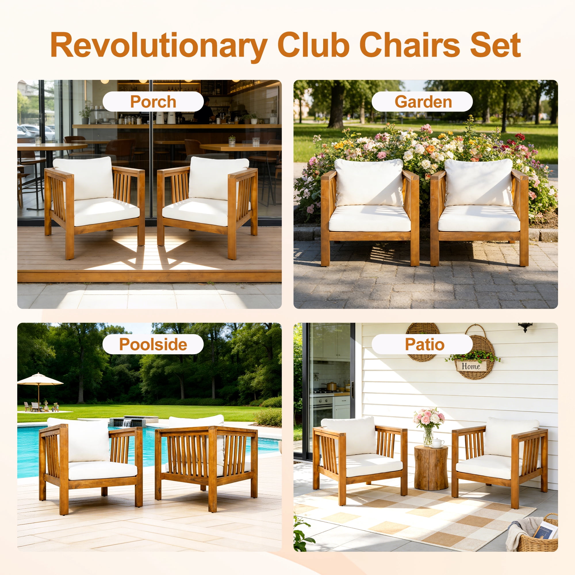 Mintazer Patio Club Chairs with Modern Square Arms, Outdoor Armchairs with Cushions & Adjustable Leveling Feet for Patio, Garden, Balcony & Backyard, Natural & Beige