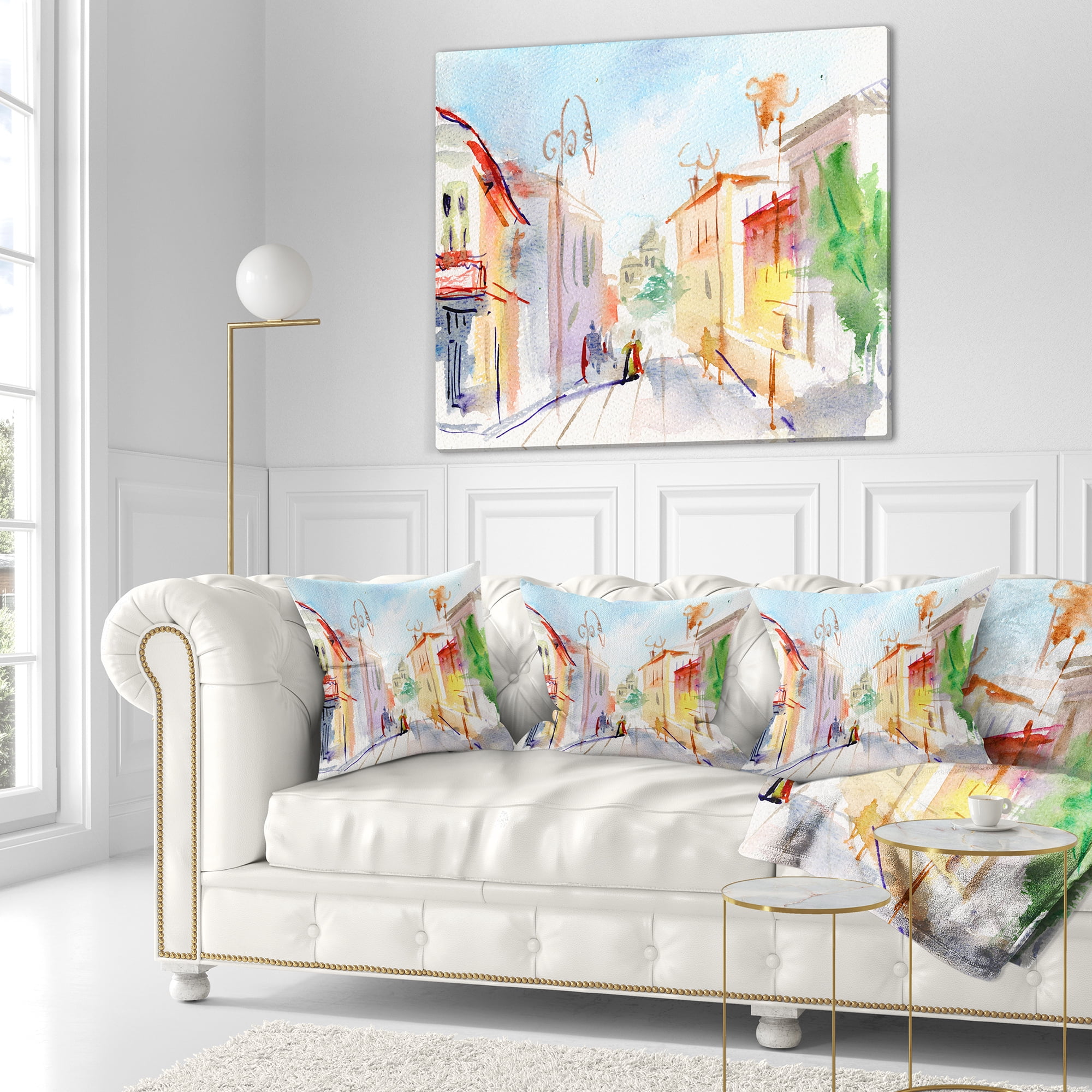 Designart Illustrated Parisian Street - Watercolor Cityscape Throw Pillow - 16x16