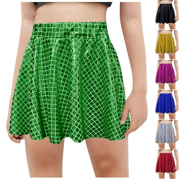 Eltusu Girls Performance Skirts, Elastic Waistband Sequin Fashion Glitter Dance Skirts Green Size 8 T
