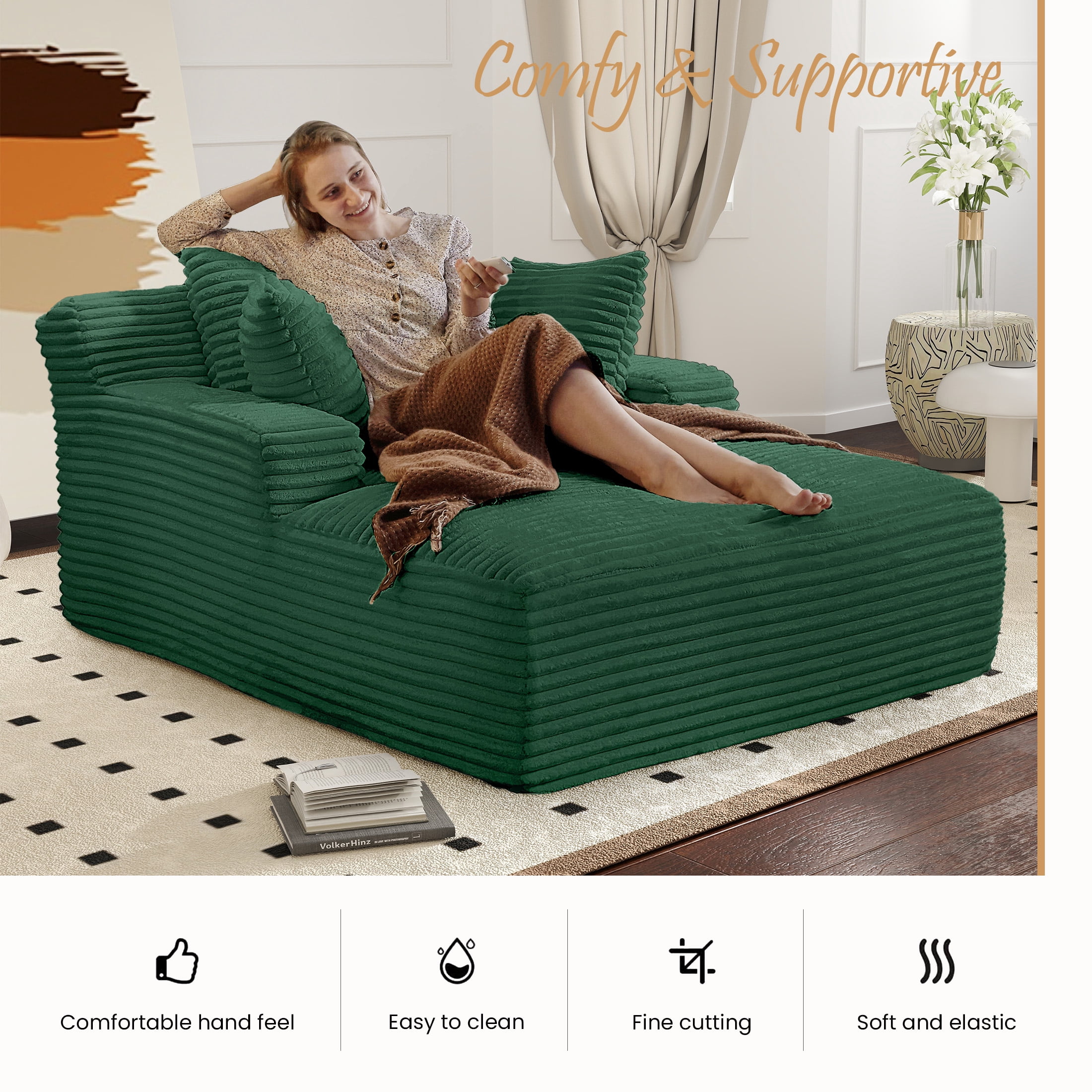 Aukfa 66" Oversized Chaise Lounge Chair, Corduroy Sleeper Sofa with 3 Pillow for Living Room,Green