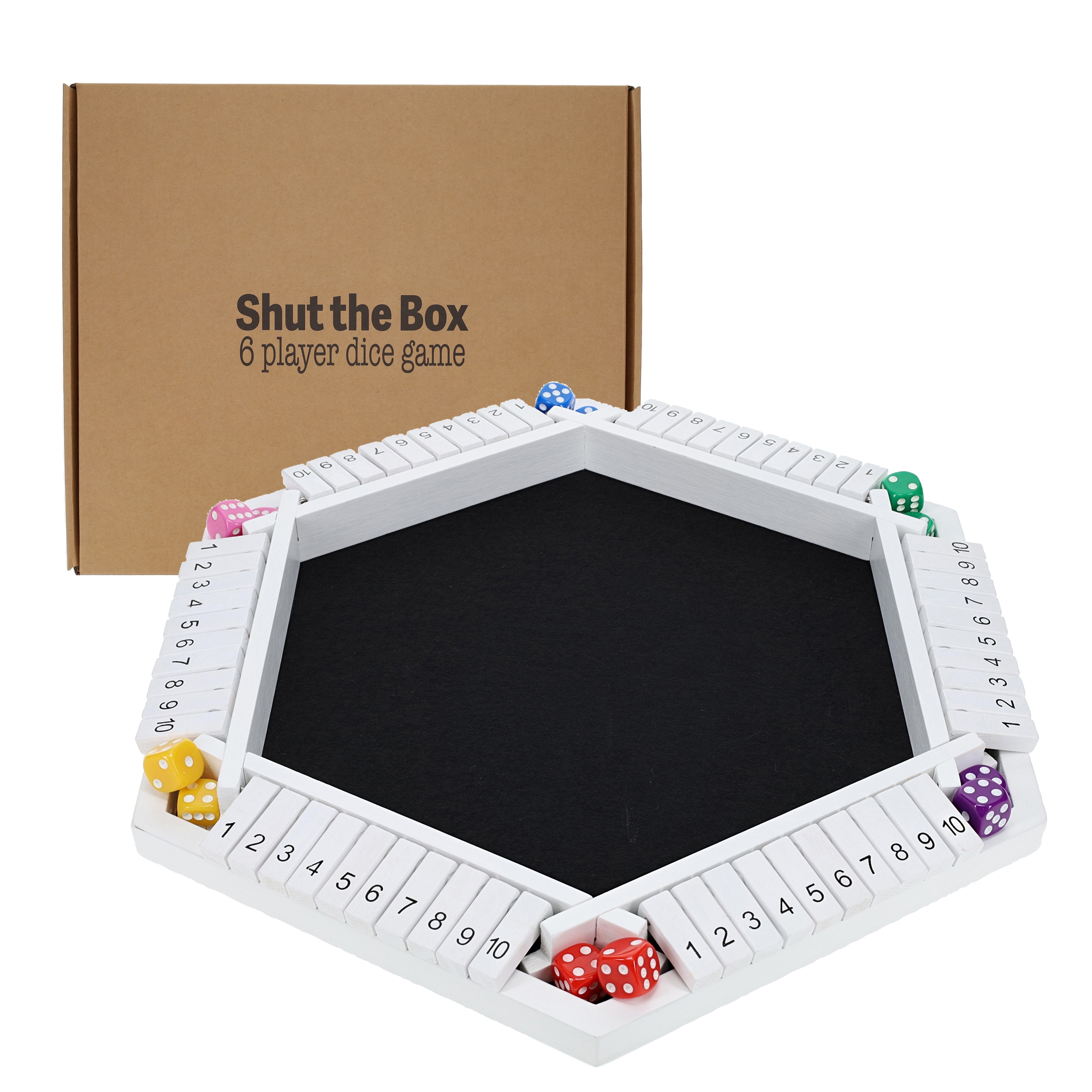 Pacific Shore Games 6 Player Shut The Box Dice Game - White Painted Wood - 14 In.