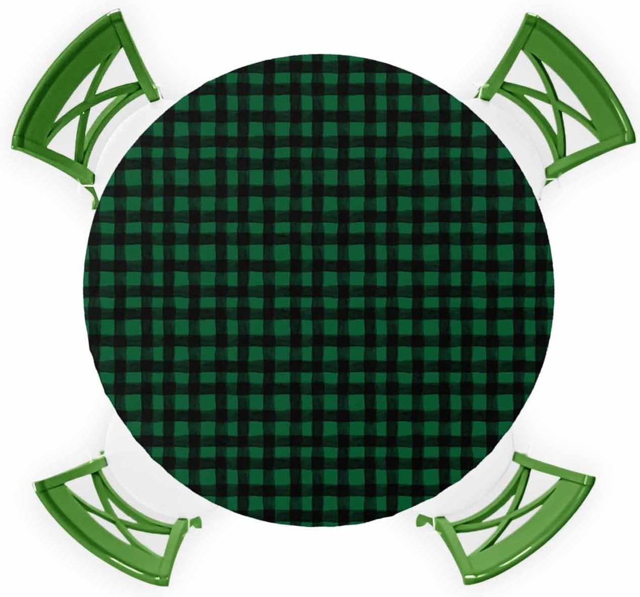 St Patrick''s Day Fitted Table Round Cover,Dark Hunter Green and Black Plaid Waterproof Elastic Edged Tablecloth,Buffalo Checker Table Covers Tabletop Protector for Indoor Outdoor Dinner Party Decor