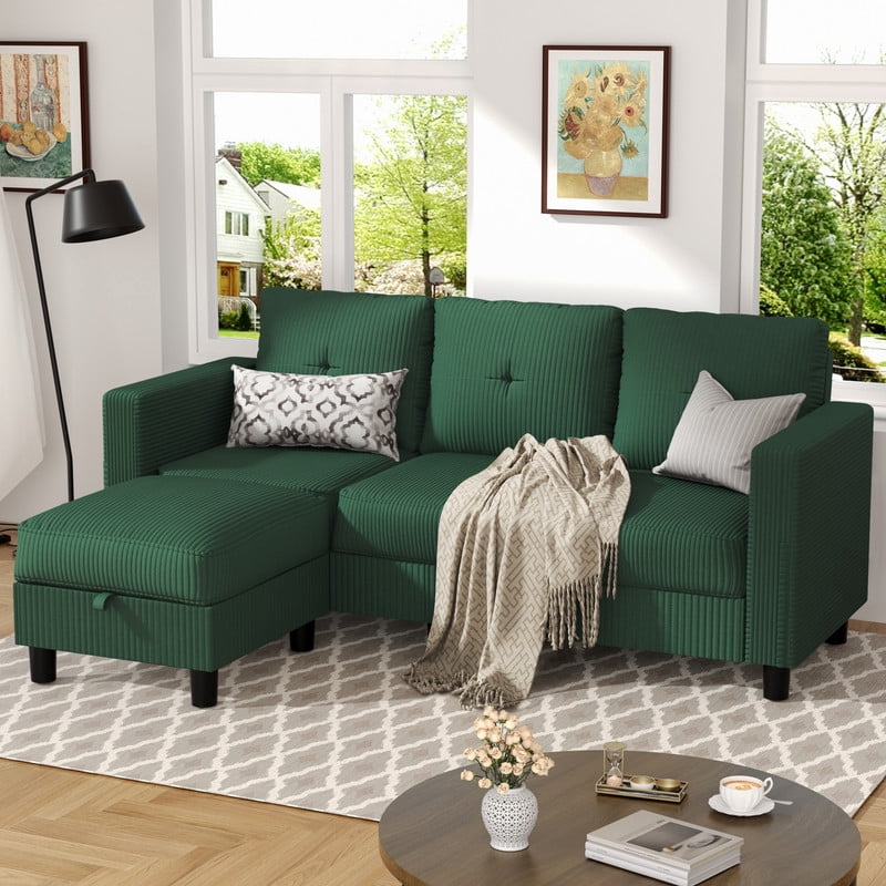 Walsunny Convertible Sectional Sofa Couch, Modern Linen Fabric L-Shaped Couch 3-Seat Sofa Sectional with Reversible Chaise for Small Living Room, Apartment and Small Space, Green