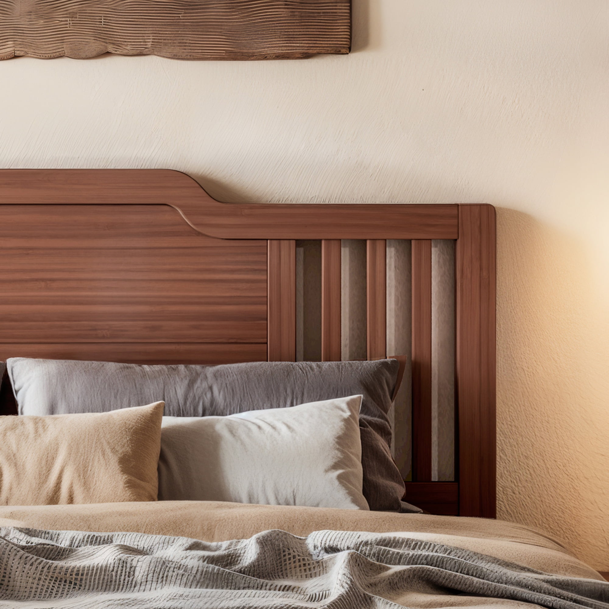 Leumius Full Size Platform Bed with Tall Headboard, Solid Wood Bed Frame with Support Slats for Bedroom,Guest Rooms, Apartments,Easy Assembly,Brown