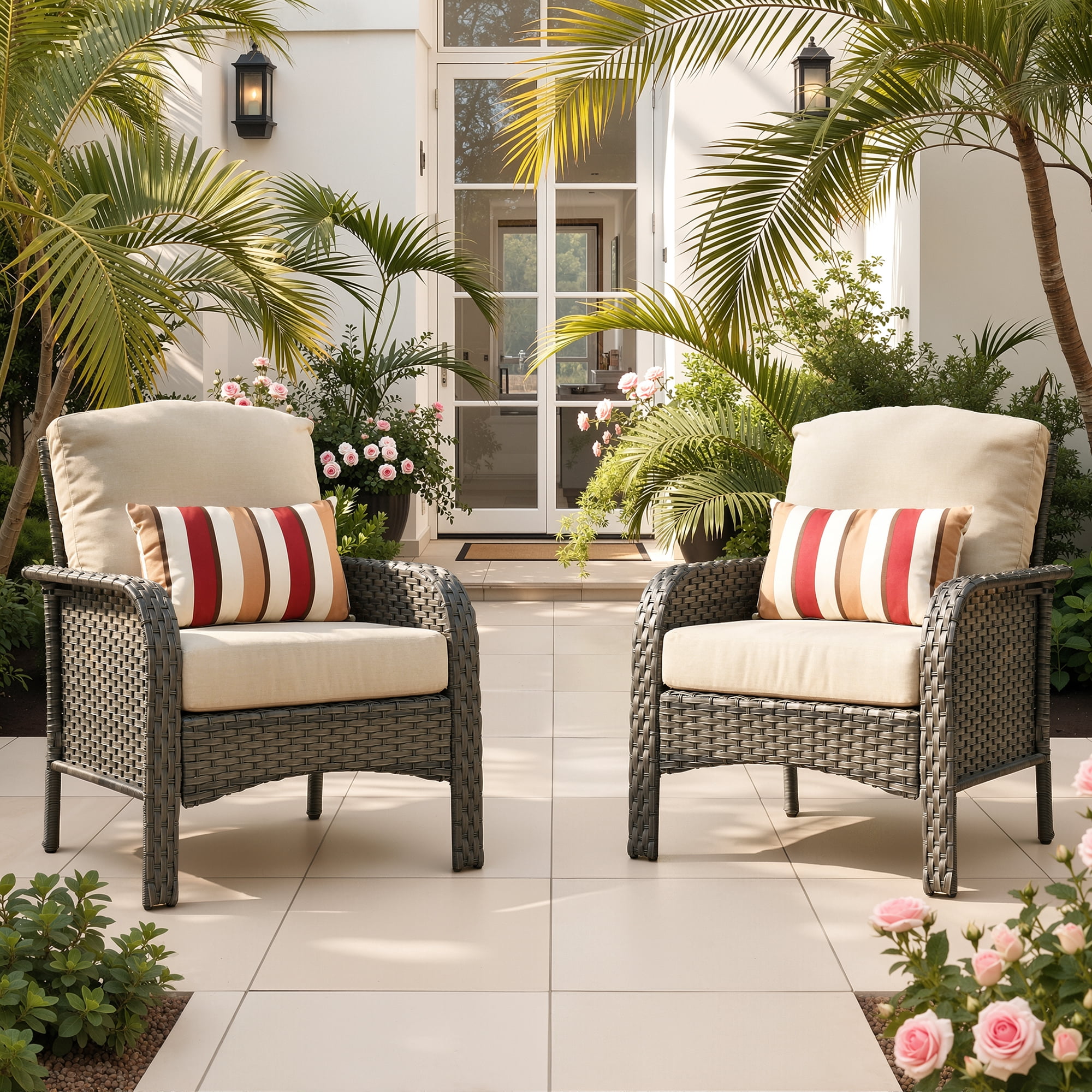 Ovios Patio Chairs Set of 2 All-Weather Wicker Patio Furniture Chairs Set Rattan High-Back Outdoor Armchairs with Cushions, Beige