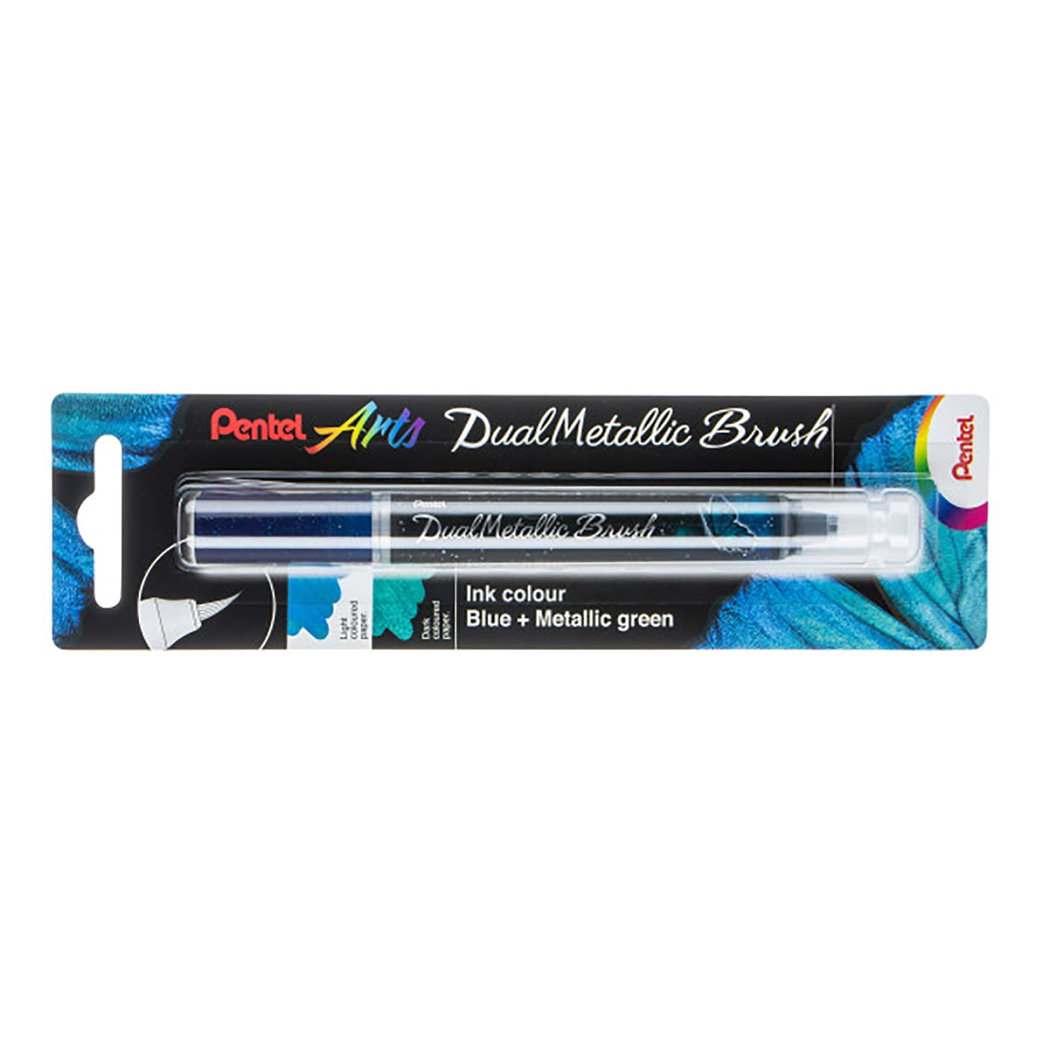 Pentel Arts DualMetallic Brush, Blue/Metallic Green Ink, Pack of 3