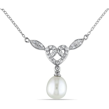 Miabella 9-9.5mm White Rice Cultured Freshwater Pearl and 3/8 Carat T.G.W. Created White Sapphire with Diamond Accent Sterling Silver Fashion Necklace, 18