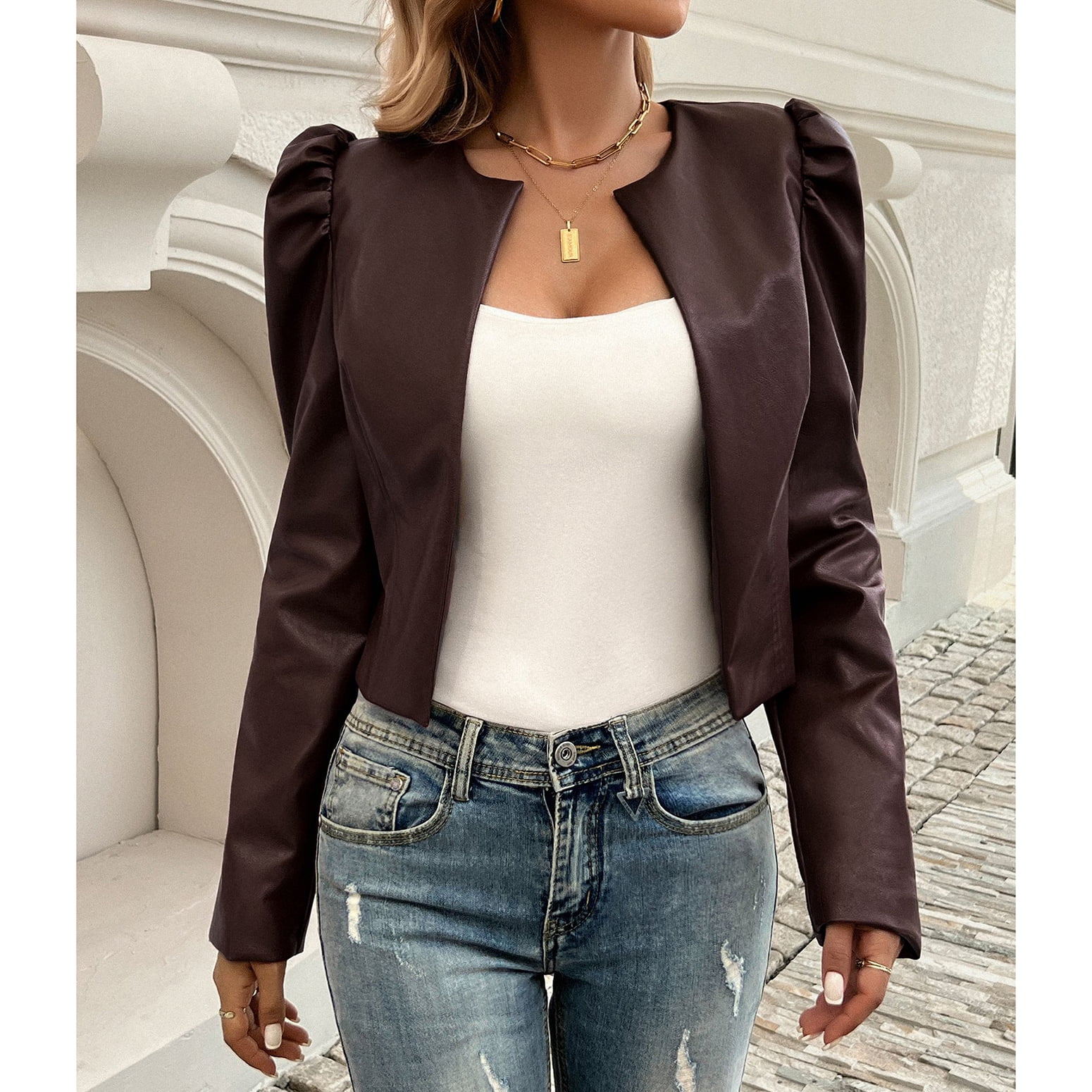 SWSMCLT Women's Leather Jacket Winter Puff Sleeve Faux Leather Dinner Jacket Fall Long Sleeve Fashion Brown Medium