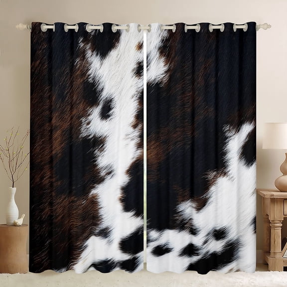 jejeloiu Brown White Cowhide Blackout Curtains Set of 2 (52x84 Each),Farm Animal Window Curtains,Rustic Farmhouse Cabin Curtains and Drapes,Ultra Soft Room Decoration