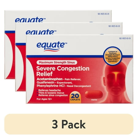 (3 pack) Equate Maximum Strength Severe Sinus & Congestion Relief Caplets, 20 Count