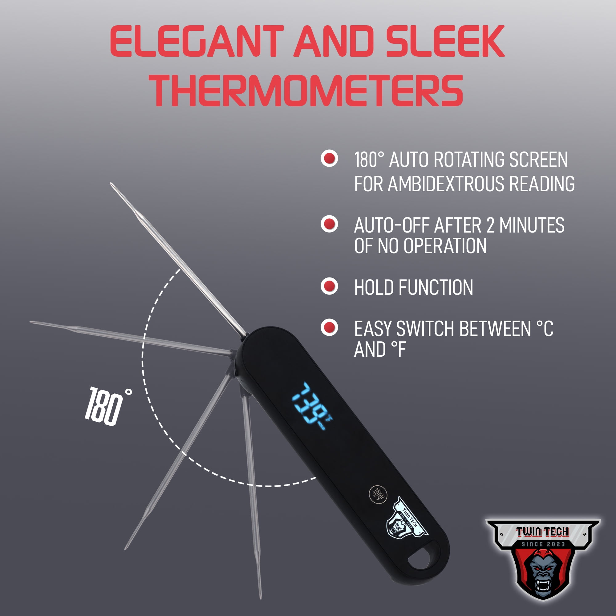 TwinTech Instant Read Meat Thermometer, Digital Food Thermometer, Foldable Probe, Magnetic, Waterproof, Backlight, AAA Battery, Black