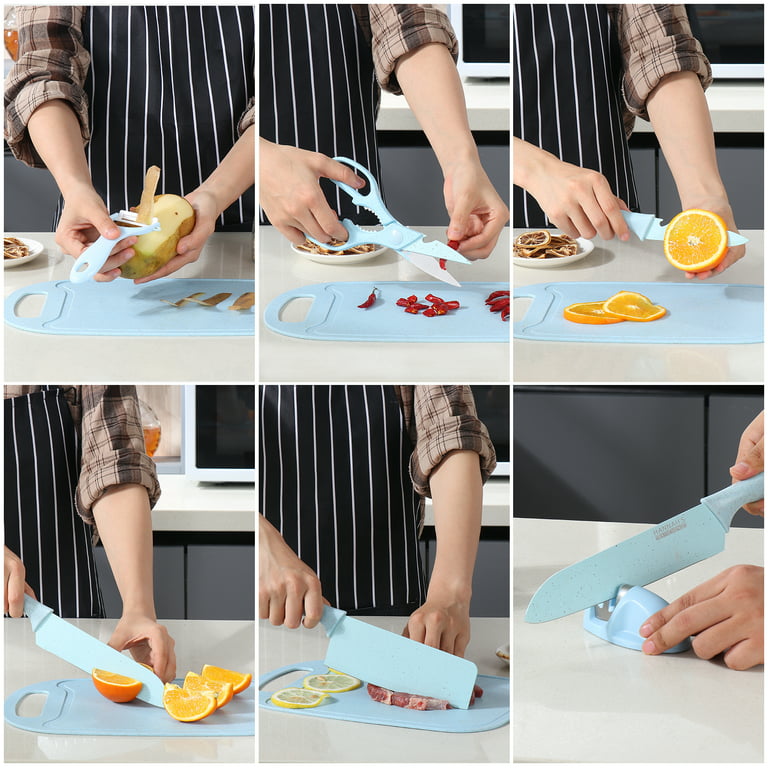 Hannah's Kitchen - cute knife set includes 3 kitchen knives, ceramic peeler  and multipurpose scissor, dishwasher safe, good for beginners (Purple) 