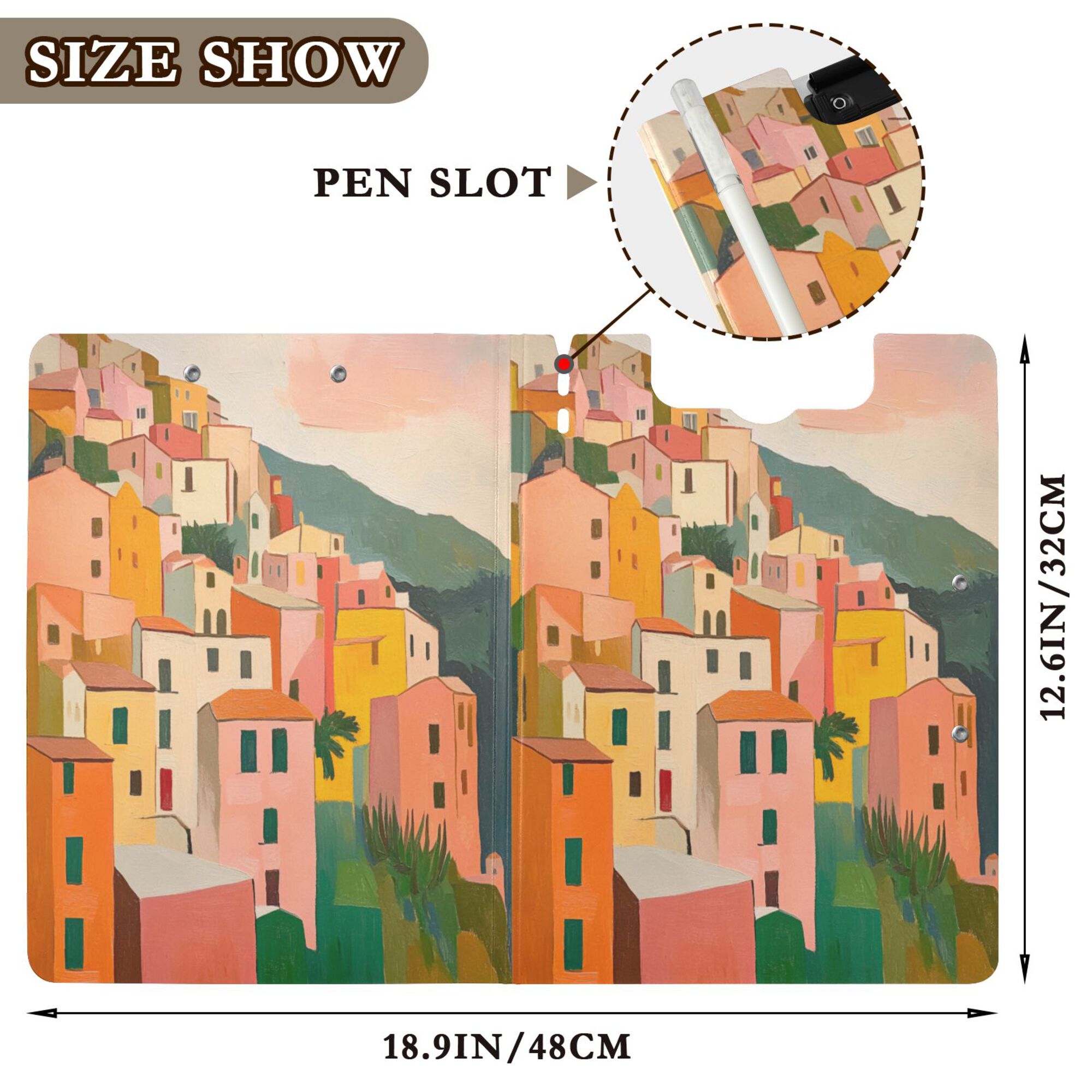 FORMRS A4 Clipboard Folder with Pen Holder Horizontal Foldable School Office Binder, Pink Cityscape Painting