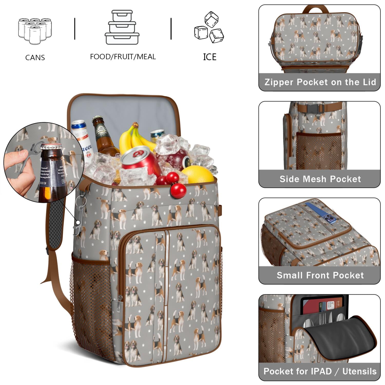 Travel Cooler Bag - Beagle and Dog Footprints Camping Beer Cooler Backpack with Bottle Opener- Waterproof Insulated Picnic Backpacks - Cooler Bag for Beach