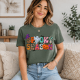 thumbnail image 3 of Spooky Season Halloween Shirt, Colorful Patchwork Ghost Pumpkin Graphic Tee, Comfort Colors Fall Unisex T-Shirt - Moss, S, 3 of 4