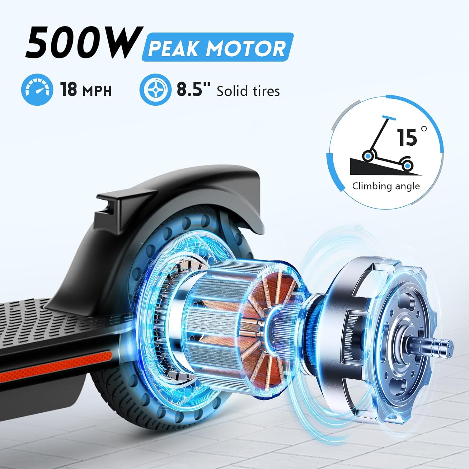 TST Electric Scooter for Adults, 18 Mph Foldable E Scooter, Peak 500W Motor, 15 Miles Range, 8.5" Solid Tire, All Aluminum Body Electric Scooter Adults with Dual Braking System and App Control