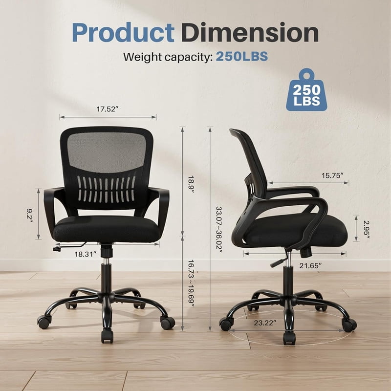 Simenmax Ergonomic Office Chair – Adjustable Height with Lumbar Support, Breathable Computer Desk Chair, Black
