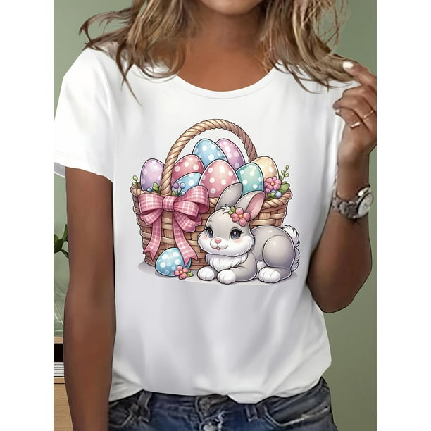 Camiseta gráfica de conejito de Pascua y canasta de huevos para mujer: camiseta informal de manga corta con cuello redondo gris, 100 % algodón suave, camiseta lavable a máquina para adultos, hombres,