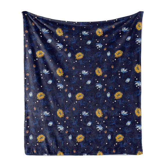 Floral Soft Flannel Fleece Blanket, Repetitive Style Illustration of Dark Tone Blooming Elements Botanical Buds, Cozy Plush for Indoor and Outdoor Use, 60" x 80", Indigo and Mustard, by Ambesonne