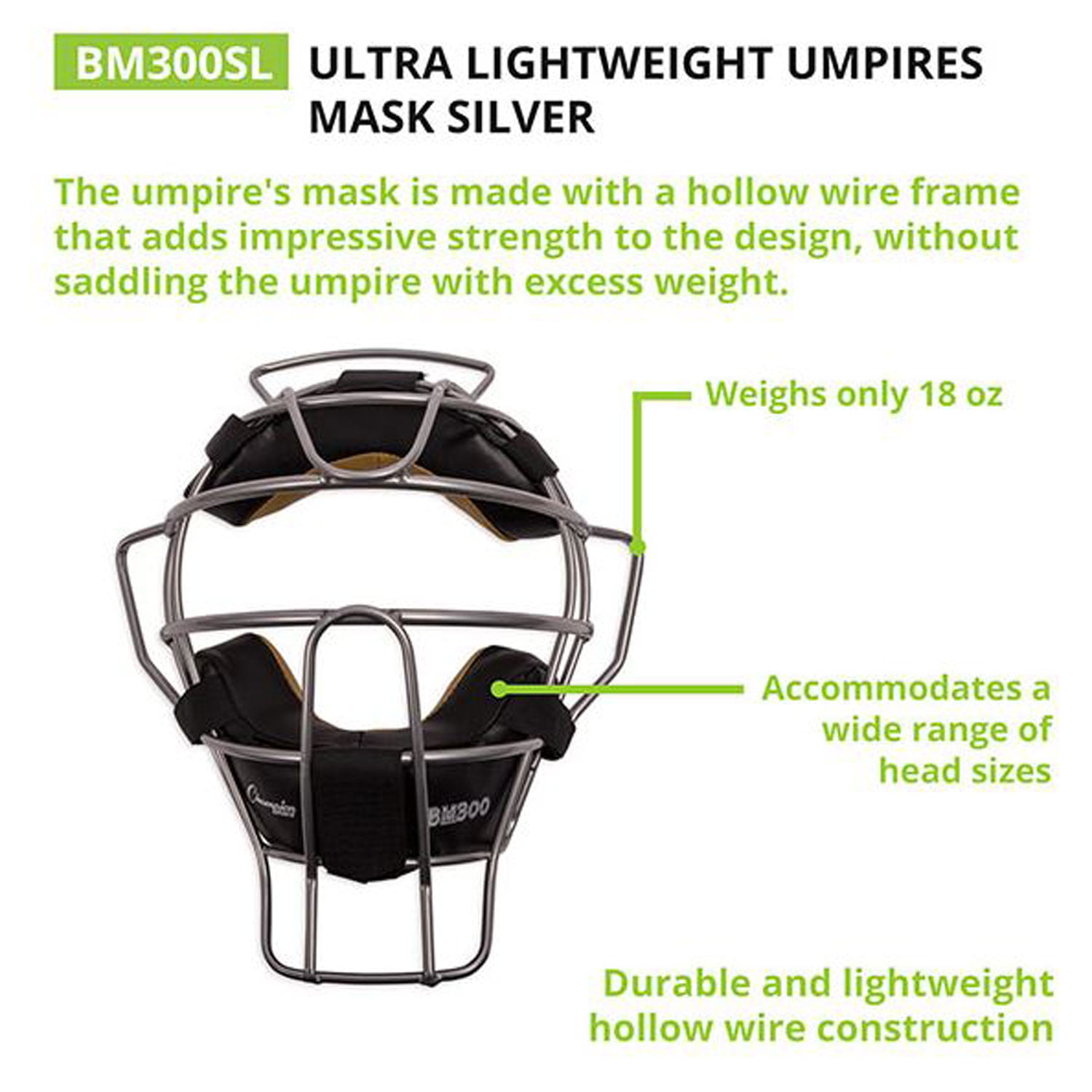 Silver Softball Umpires Face Mask Lightweight Baseball Champion BM200 18 oz 