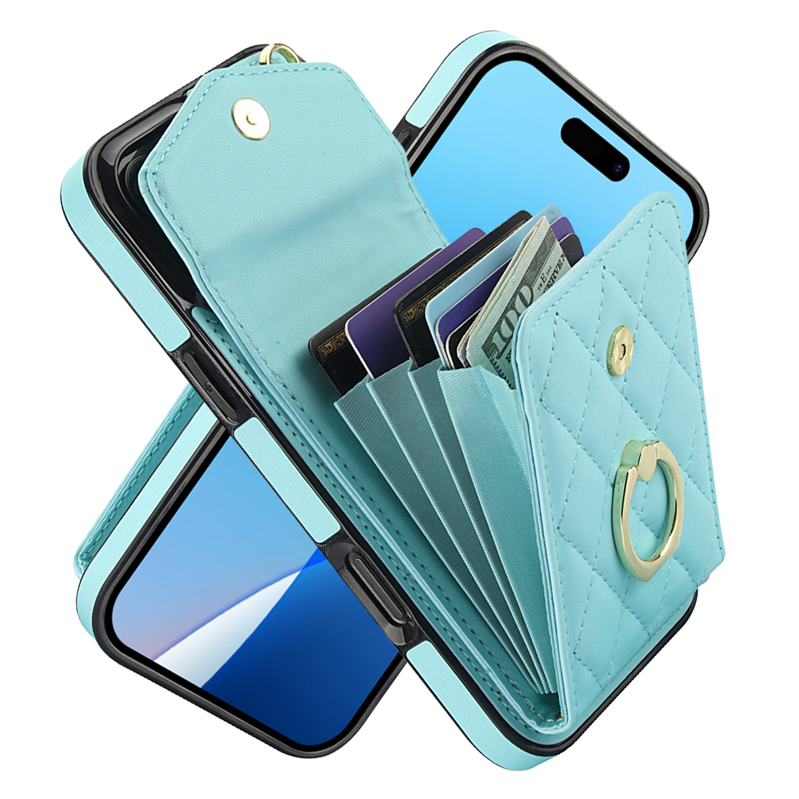 Asuwish Wallet RFID Blocking PU Leather Cell Phone Case with Tempered Glass Screen Protector, Wrist Strap for iPhone 16 Pro, Teal