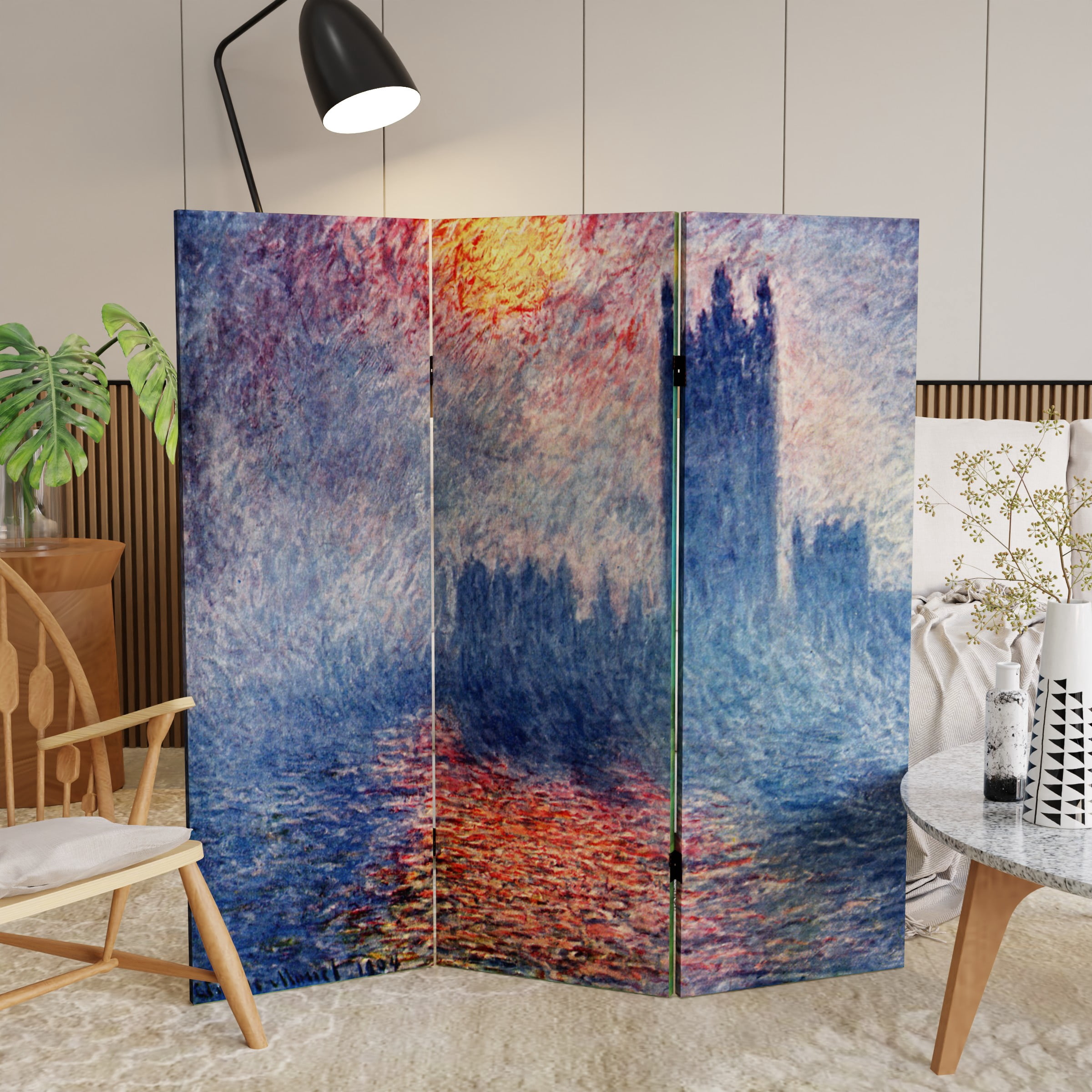 Red Lantern 4 ft. Short Monet Canvas Folding Screen - Impression Sunrise/Houses of Parliament
