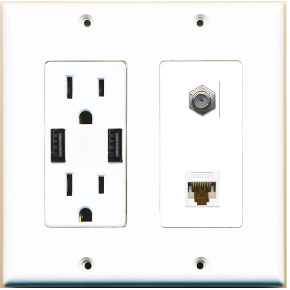 Ultra Spec Cables 1 Port Cat6 Coax F-F Wall Plate w/2 USB Charger Power Outlet