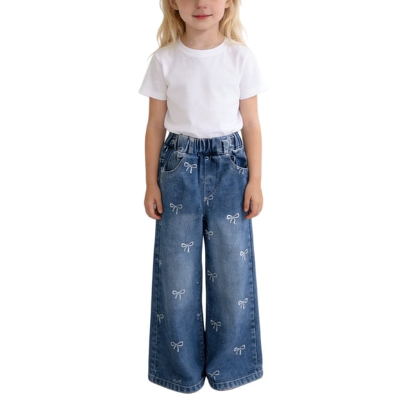 YunPes Toddler Kids Girls Bow Baggy Jeans Baby Cute Embroidery Denim Pants Elastic Waist Wide Leg Trousers Relaxed Fit Vintage Jeans