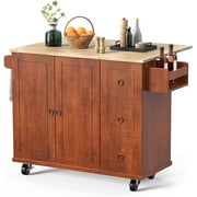 Qsun Rolling Kitchen Island with Wood Drop Leaf Tabletop, Kitchen Island Cart with Large Storage Cabinet, 3 Drawers, Towel Rack and Spice Rack on Wheels, Brown