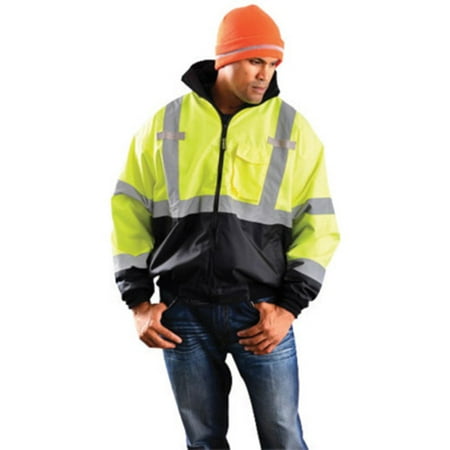 Mens Reflective Jacket (OccuNomix X-Large Black/Hi-Viz Yellow Classic Three-Way Black Bottom Bomber PU Coating Waterproof Polyester Class 3 Jacket With Zipper Closure, 2'' Silver Reflective Tape And Eight)