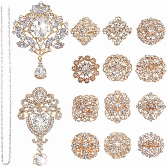 14Pcs Brooches 14 Style Rhinestone Badges Brooch Pins with Pearl Beaded Chains Flower Brooch Pin Shining Lapel Badge Pins
