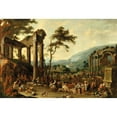 thumbnail image 2 of Peeter van Bredael 18x13 Gold Ornate Wood Frame and Double Matted Museum Art Print Titled - An Italianate Landscape with a Market Scene (1664), 2 of 4