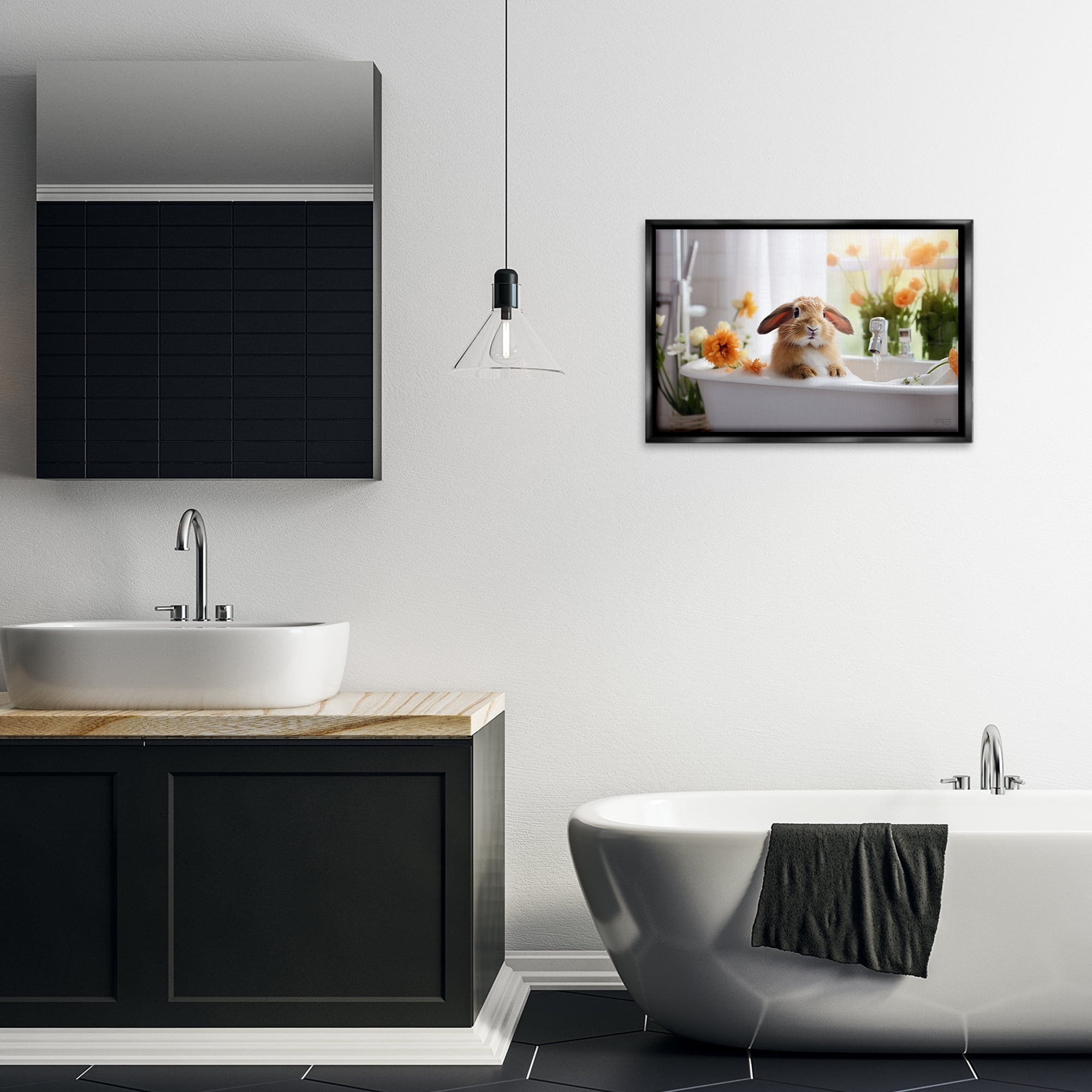 Stupell Industries Bathing Baby Bunny Typography Painting Black Floater Framed Canvas Art Print Wall Art, 25 x 17