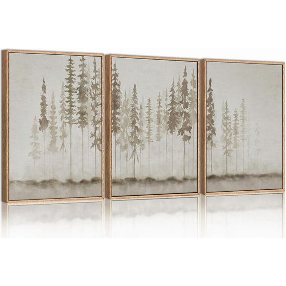 Large Misty Forest Framed Canvas Art Print Set, Modern Foggy Pine Tree Wall Decor, Pastel Nature Landscape, Abstract Foggy Forest Plant Art for Living Room, Bedroom, Office - 16" x 24" x 3