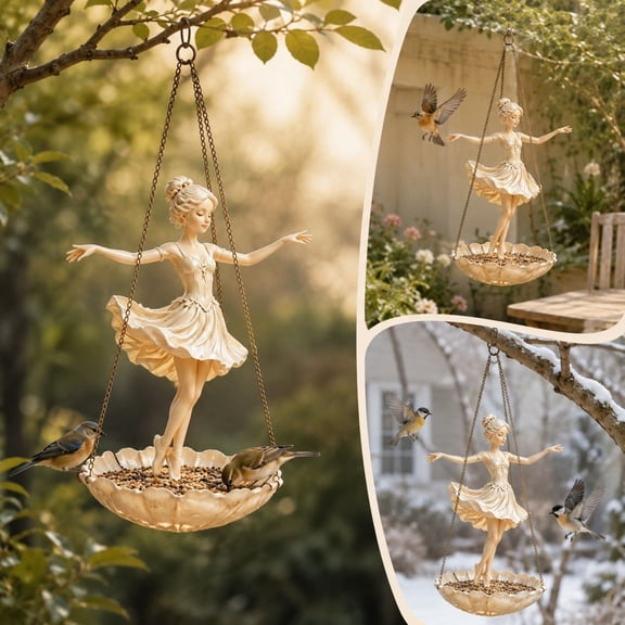 Ballerina Shaped Hanging Bird Feeder, Resin Outdoor Garden Decor with Metal Hook, Weatherproof Seed Dispenser for Patio Balcony Yard, Attracts Hummingbirds Butterflies