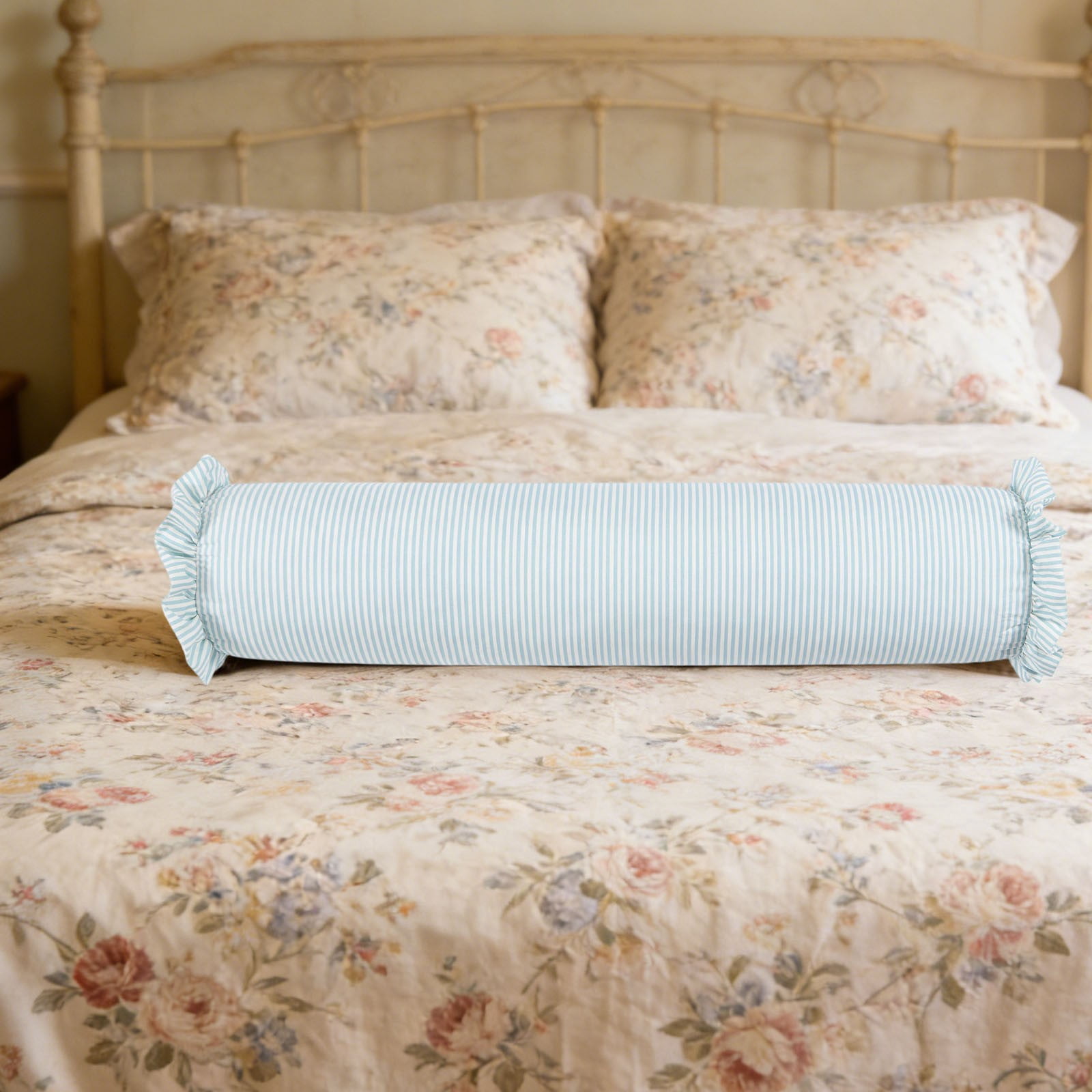 Striped Body Pillow with Ruffled Edges, Large Round Bolster Roll Pillow for Side Sleepers, Tube-Style Hugging Body Pillow for Bed & Sofa, Removable Washable Cover, 36 x 8 Inch, Light Blue