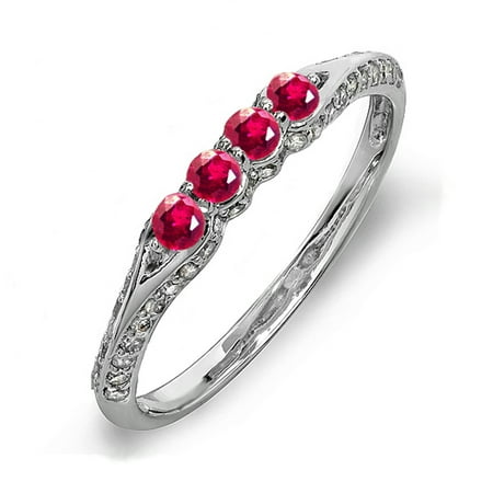 10K White Gold Round Ruby And White Diamond Ladies Anniversary Wedding Band Stackable Ring