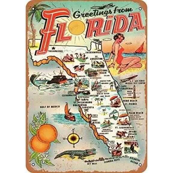 8 x 12inch Vintage Retro Collectible tin Sign - 1954 Greetings from Florida -Wall Decoration 12x8 inch Poster Home bar Restaurant Garage Cafe Art Metal Sign Gift