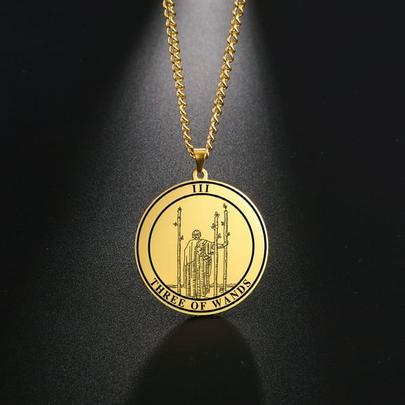 TEAMER Tarot Necklace Suit of Round Pendants Spiritual Jewelry for Witchy Jewelry(THREE OF WANDS)