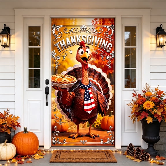 Thanksgiving Fall Door Cover Banner, 35.43 x 70.87 Inch Harvest Decorative Front Door Backdrop for Home Porch Thanksgiving Party Decoration