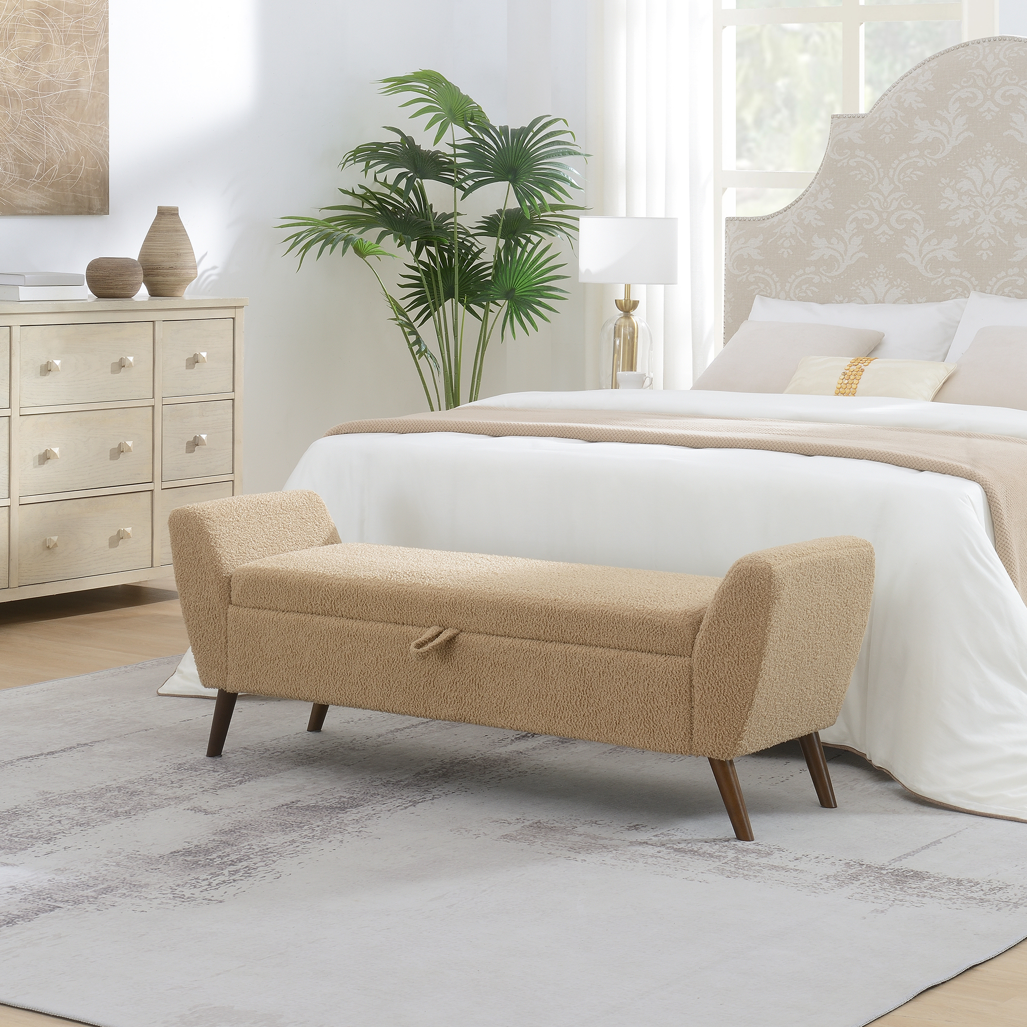 HOQBN 60" Modern Storage Bench with Mid-Centruy Wood Legs,Bench with Storage for Living Room, Bedroom Coffee