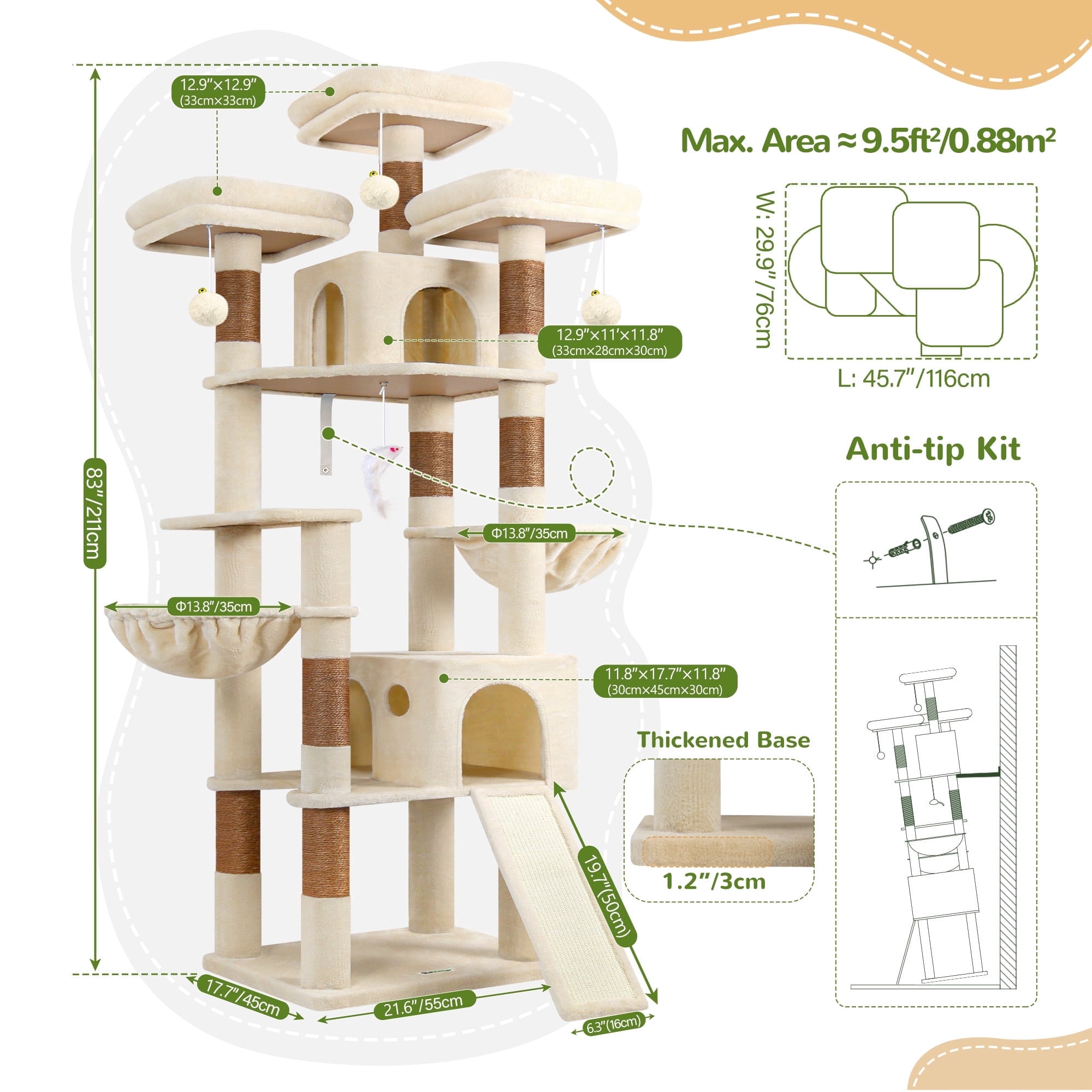 Globlazer 83'' Multi-Level Large Cat Tree Tower for Indoor Cats with Sisal Scratching Post, Hammock & 2 Condos, Beige