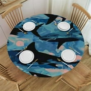 Wuche Round Vinyl Fitted Tablecloth with Flannel Backing Elastic Table Cloth Waterproof Oil-Proof Plastic Table Cover Blue Camo Shark Round Tablecloth