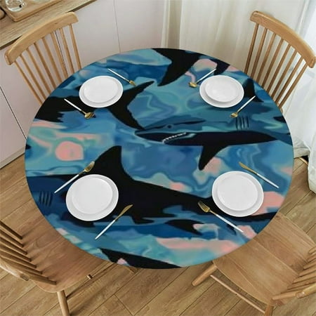 Wuche Round Vinyl Fitted Tablecloth with Flannel Backing Elastic Table Cloth Waterproof Oil-Proof Plastic Table Cover Blue Camo Shark Round Tablecloth