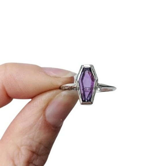 Natural Amethyst Purple Gemstone Coffin Ethnic Ring, Designer Handmade Jewelry For Women, Statement Ring, Birthday Gifts For Wife, Anniversary Gifts For Mom, February Birthstone (amethyst, Size 7)